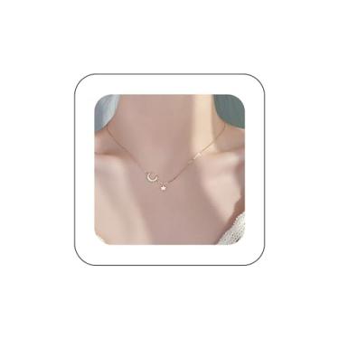 Imagem de YienDoo Colar Boho Lua Estrela Gargantilha Ouro Vintage Minúscula Lua Estrela Colar Pingente Minimalista Strass Lua Crescente Gargantilha Joias para Mulheres e Meninas, Zinco, Sem Pedra Preciosa