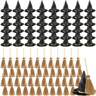 Imagem de WinnerWhy 96 peças de mini chapéus de bruxa e vassoura, decorações de Halloween, acessórios de bruxo para festas de fim de ano, artesanato DIY (preto, 4 cm)