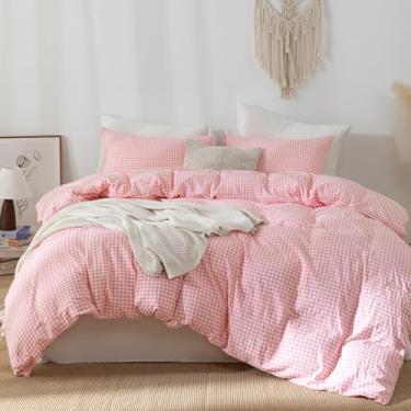 Imagem de YHJWW Conjunto de capa de edredom guingão rosa choque pré-lavado, extra macio, confortável, respirável, 3 peças, xadrez, quadriculado, conjunto de capa de edredom fofa estética (King 264 x 228 cm, sem