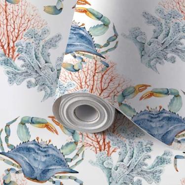 Imagem de AJWGDJAWYV Papel de parede autoadesivo com estampa de mural de parede azul marinho caranguejos corais aquarela mão estilo náutico papel de contato para locatário papel de parede amigável para cozinha