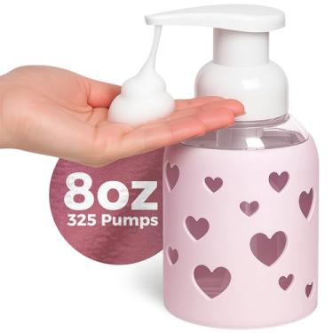 Imagem de Dispensador de garrafa de vidro espumante de 227 g com manga de silicone de coração, rosa macio