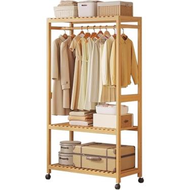 Imagem de Cabide De Roupas Bambu Armário De Guarda-roupa Aberto Com Rodas Cabide Com Organizador De Prateleiras De Armazenamento De 3 Camadas E Uma Vara Superior Para Pendurar, Light Brown, 83 * 160 * 34cm