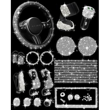 Imagem de Belinous 27 peças de acessórios de carro brilhantes para mulheres, acessórios de carro de menina para interior, capa de volante brilhante 36,8-38 cm, moldura de placa de licença brilhante, suporte de