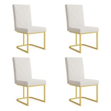 Imagem de Kit 04 Cadeiras de Jantar Estofada Siena Linho Bege Base de Ferro Dourada - Pallazio