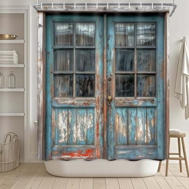 Imagem de Drgilau Cortina de chuveiro rústica para porta de celeiro, cortina de chuveiro de porta de madeira para casa de fazenda, cortinas de banho vintage para cabana ocidental, à prova d'água, portas de