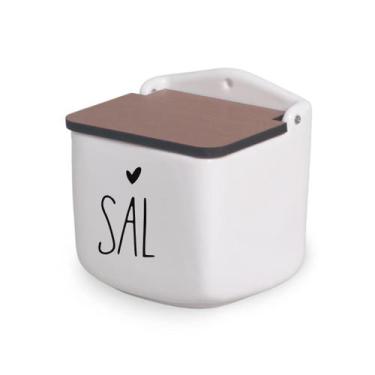 Imagem de Saleiro de Cerâmica Branco Decorado e Tampa de Madeira - SEGUNDA LINHA