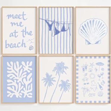 Imagem de Blue Coastal Wall Art Decor Beach Preppy Canvas Poster Coastal Granddaughter Prints Imagem Estética Praia Verão Biquíni Costa Arte Oceano Linda Pintura de Concha para Dormitório Feminino 30 x 40 cm