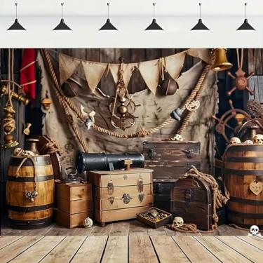 Imagem de Pano de fundo de navio pirata leme de madeira baús de tesouro fundo barril de tesouro decoração tema Halloween festa menino festa aniversário chá de bebê adereço de cabine de fotos (1,5 x 7 m)