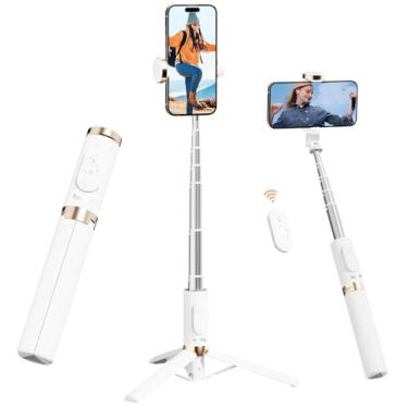 Imagem de Basike Tripé para Celular 3 em 1 73cm – Bastão de Selfie Dobrável Portátil com Controle Remoto, Rotação 360°, Base Triangular Reforçada, Pau de Selfie Compatível com iPhone e Android – Branco