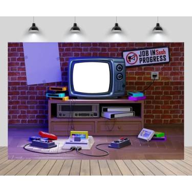 Imagem de CHNYWORK 2,1 x 1,5 m de fundo retrô para sala de videogame antiquado, blocos de TV, disquetes, parede de tijolos, vintage, anos 80, vintage, crianças, aniversário, jogos, festa, retrato, foto, estúdio
