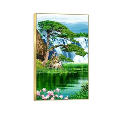 Imagem de BMZFYBS Pintura em tela de paisagem, cachoeira, lago, árvore, lótus, natureza, arte de parede, imagem chinesa, moldura dourada, decoração pôster 60 x 95 cm 24 x 37 pol
