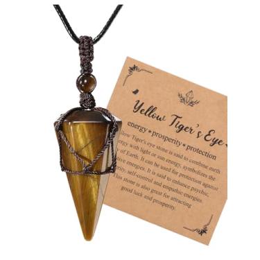 Imagem de Jovivi Colar De Cristal Olho Tigre Para Homens E Mulheres, Corda Cera Ajustável, Pedra Natural, Cristais Cura Com Ponta Hexagonal, Pingentes, Joias Pedras Preciosas