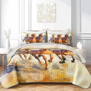 Imagem de QOOMO Conjunto de colcha de cavalo casal/Queen, conjunto de colcha com estampa de cavalo galopante, 3 peças, microfibra macia, leve, animal ocidental, conjunto de cama com 2 fronhas para todas as