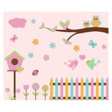Imagem de Papel de Parede Adesivo Infantil Jardim Corujas Bebe Quarto Menina - 5