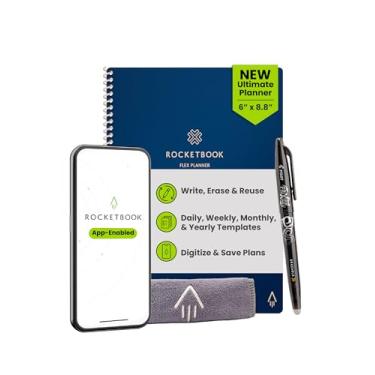 Imagem de Rocketbook Planejador flexível, reutilizável sem data, inteligente, tamanho executivo, 15 x 22 cm, azul marinho – diário, semanal, mensal, calendário anual, tarefas, objetivos, agendamento, aplicativo