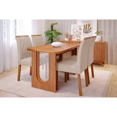 Imagem de Conjunto: Mesa de Cozinha Valentina Tampo Madeirado 130x80cm e 4 Cadeiras Juliana Cinamomo - Carvalho/Suede Nude Bege - Cimol