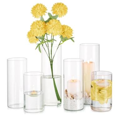 Imagem de Glasseam Vaso cilíndrico de vidro transparente, 6 peças de vasos de vidro para centros de mesa, vasos de vela flutuantes modernos para flores, castiçais decorativos de vaso furacão para decorações de