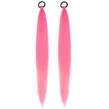 Imagem de 2 peças de extensão de rabo de cavalo rosa com laço de cabelo, peruca trançada lisa e elegante, rabo de cavalo trançado, extensões de cabelo