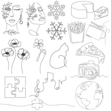 Imagem de CARGEN Tatuagens temporárias de arte minimalista – 2 folhas com 17 desenhos de linha única, adesivos de pizza, queijo, batatas fritas, quebra-cabeça, floco de neve, flor, rosto de senhora, notas