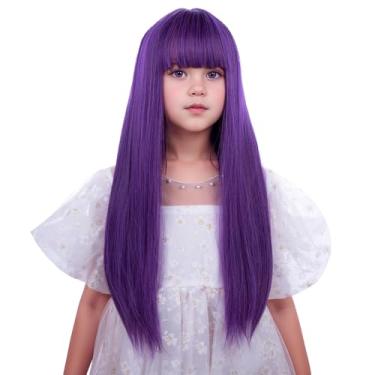 Imagem de Edivd Peruca roxa escura para meninas e crianças, peruca roxa longa com franja de ar, perucas retas para crianças, perucas sintéticas resistentes ao calor com touca