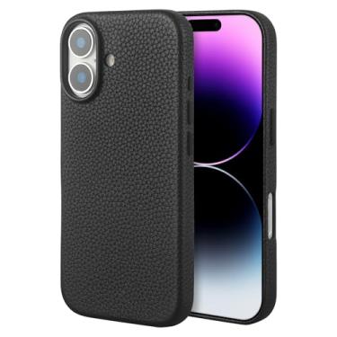 Imagem de Capa de couro compatível com iPhone 17 – Capa de couro real de grão lichia premium com MagSafe, capa protetora fina com forro de microfibra macia, à prova de choque, 16 cm preta