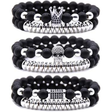 Imagem de HYHONEY Pulseira de contas micro pavê de zircão coroa rei 8 mm para homens e mulheres pulseira de casal preto natural fosco ônix contas de hematita elástico ajustável, One Size, Pedra, Zircônia