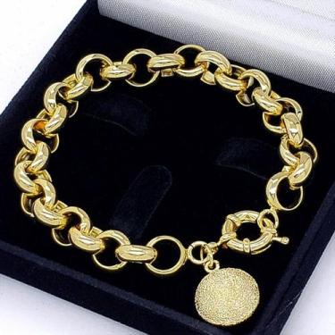 Imagem de Pulseira Elos Portugueses 11mm Pingente Diamantado Banho De Ouro 18k 1