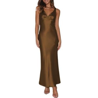 Imagem de Vestido maxi VUBIYA elegante de cetim com decote em V sem encosto para