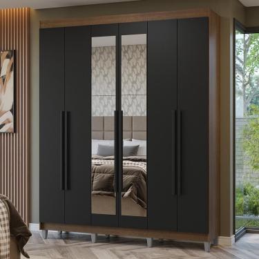 Imagem de Guarda-Roupa Casal com Pés 6 Portas Batentes com Espelho Rustic/Preto/Preto Netuno Madesa