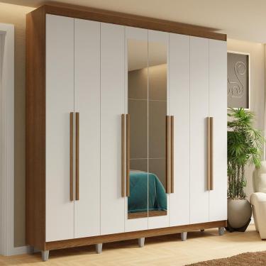 Imagem de Guarda-Roupa Casal com Pés 8 Portas Batentes com Espelho Rustic/Branco/Rustic Saturno M...