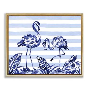 Imagem de Stupell Industries Arte de parede em tela flutuante com moldura dourada de flamingos pincelada índigo, design de Paul Brent, 25 x 31
