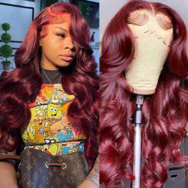 Imagem de Perucas frontais de renda Guebb Body Wave 99j Burgundy Human Hair 66cm