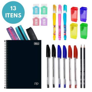 Imagem de Kit Material Escolar Faculdade 13 Itens Papelaria Estudo Caderno Lápis