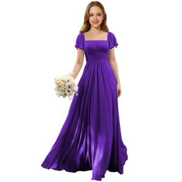 Imagem de Vestido Augday, chiffon, decote quadrado, plissado, roxo, para meninas