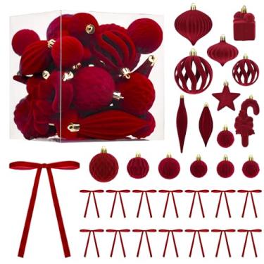 Imagem de DRANSMIC 48 bolas de enfeite de árvore de Natal de veludo vermelho com laço incluídas, 28 peças de várias bolas flocadas, 20 peças de decoração de laço de veludo, ornamento vintage para guirlanda de