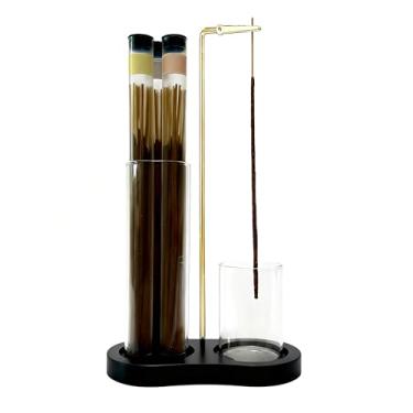 Imagem de Moocervi Suporte de incenso de vidro, suporte para queimador de palitos de incenso com armazenamento, suporte de incenso pendurado de cabeça para baixo com apanhador de cinzas de vidro para meditação