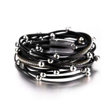 Imagem de Pulseira Fesciory Leather Wrap para mulheres com miçangas pretas