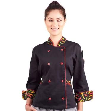 Imagem de Dólmã Feminina Para Chef De Cozinha Preto Estampa Pimentas Uniforme Ac