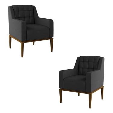 Imagem de Kit 2 Poltronas Decorativas Sala de Estar Base Madeira Madonna PU Preto G52 - Gran Belo