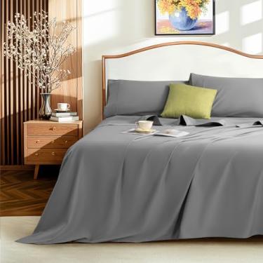 Imagem de LBRO2M Jogo de lençóis 1500 fios 100% algodão egípcio 40,6 cm com bolso profundo Queen Size conjuntos de 4 peças (Queen, cinza)