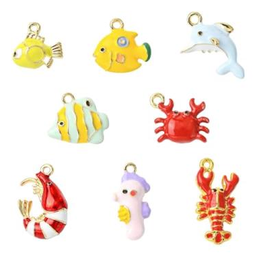 Imagem de UR URLIFEHALL 8 peças, 8 estilos, pingentes esmaltados com tema de oceano, pingentes coloridos de peixe, golfinho, caranguejo para fazer você mesmo, colar, brincos, pulseiras, joias