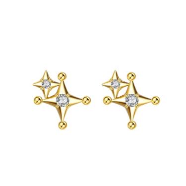 Imagem de Efashion Brincos femininos banhados a ouro 14K 925 prata estilo ins simples incrustados de zircônia dupla, Small, Ouro amarelo, Zircônia