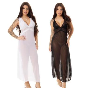 Imagem de Kit 2 Camisolas Tule Transparente Longa com Renda Sensual e Elegante C