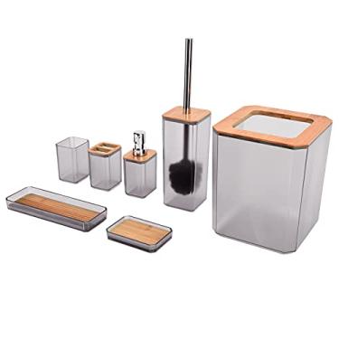 Imagem de aqxreight Acessórios para o Banheiro de Bambu Conjunto de 7pcs Kit Escova Dentes Caixa para Hotelgrey Em Casa (Cinza)
