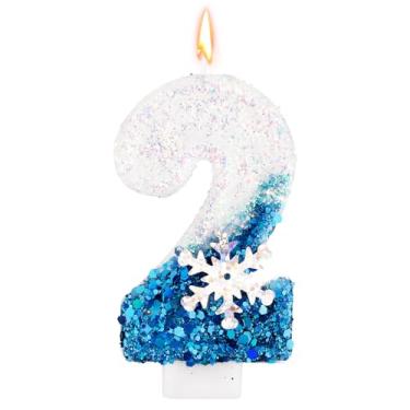 Imagem de Velas com número de aniversário de lantejoulas de floco de neve, suprimentos de decoração de festa de aniversário com glitter azul e branco (número 2)