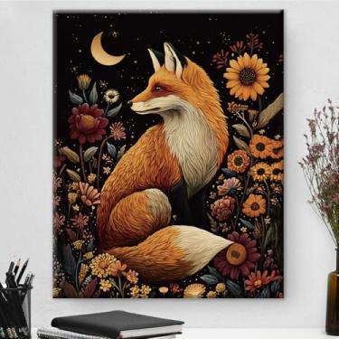 Imagem de Arte de parede botânica de raposa vermelha vintage emoldurada - Decoração de parede com flores escuras Academia para quarto, quarto, casa 20 x 25 cm