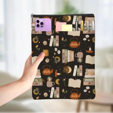 Imagem de Presentes para amantes de livros impressos em café, capas de livros à prova d'água para livros com bolso frontal com zíper acessórios para livros presentes para mulheres aniversário voluntário Natal