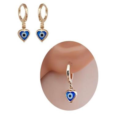 Imagem de Brinco Pingente Argolinha Olho Grego Coração Folheado Ouro - Mixfolhea