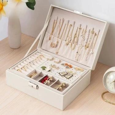 Imagem de Porta-Joias Feminino 3 Andares com Fechadura – Couro Sintético Luxo com Espelho e Compartimentos para Relógios, Brincos, Anéis e Colares (BRANCO/Q11)