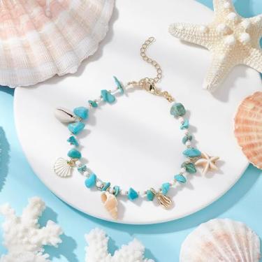 Imagem de Tornozeleiras femininas verão praia corrente para pés turquesa contas de sementes tornozeleira joias modernas presente, 22.1cm, Turquesa sintética, Sem Pedra Preciosa